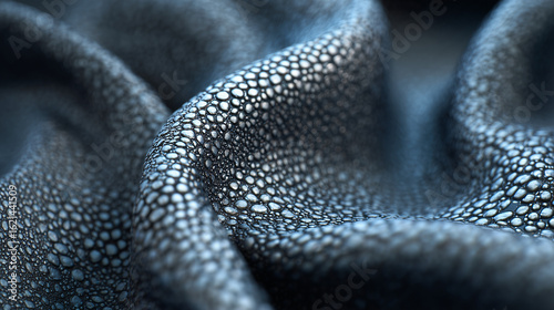 Synthetic skin texture background, close-up of dark blue artificial leather with realistic grain and folds