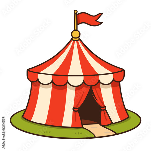 Red and white striped circus tent, cartoon flat style, green grass base, entertainment and festive event concept