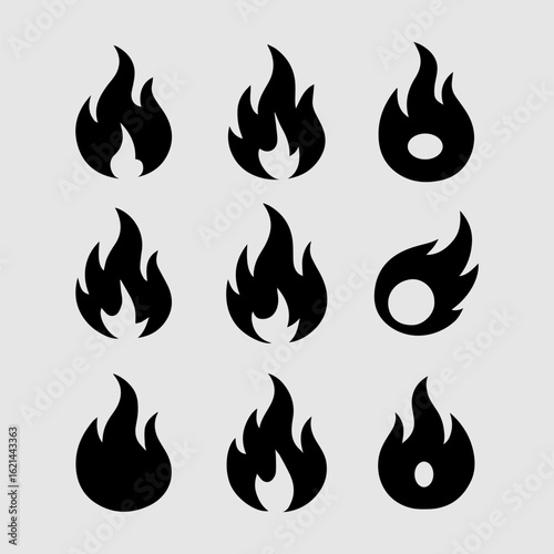 Set of Black Flame Icons with Minimalist Silhouettes on Light Background