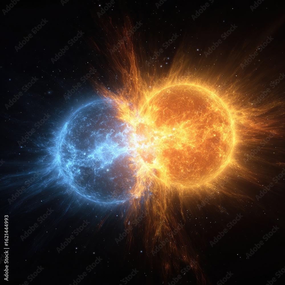Obraz premium Cosmic Collision Opposing Celestial Bodies Collide in Space, Background Stars