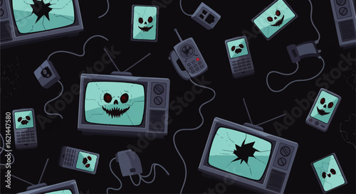 Spooky Tech: Cartoon TVs and Phones with Skull Faces and Cracked Screens