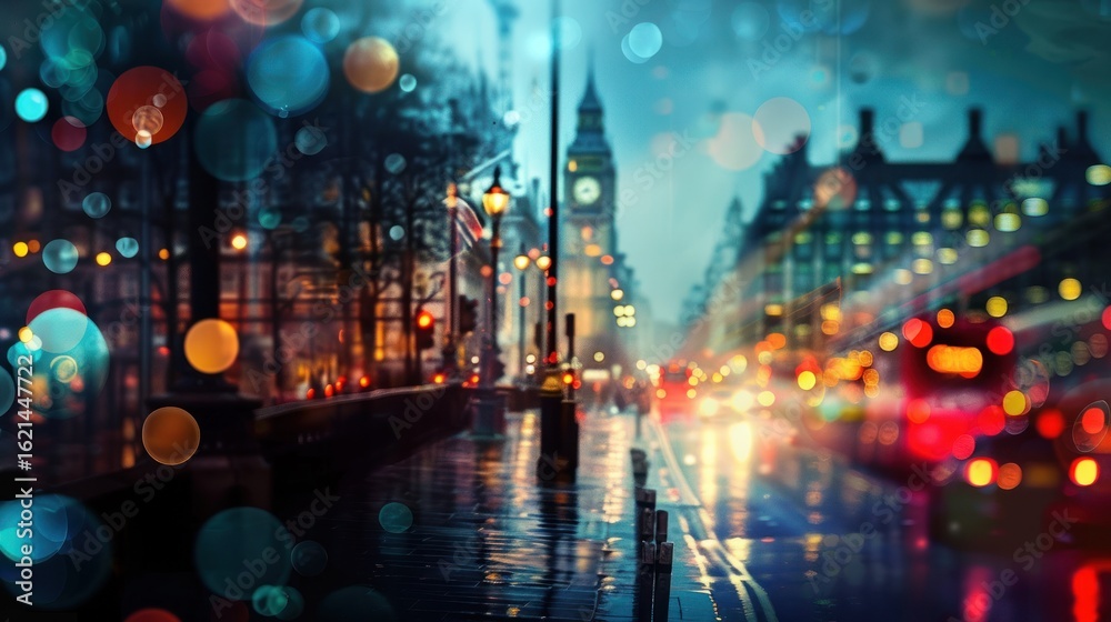 Obraz premium Rainy night city street scene