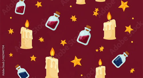 Whimsical seamless pattern of lit candles, magic potion bottles, and golden stars. A repeating design with a mystical, cartoon style.