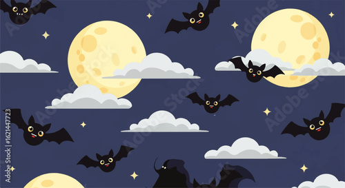Cute cartoon bats with big yellow eyes flying in a seamless pattern across a cloudy night sky with full moons and stars.