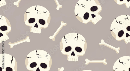 Cartoonish Cracked Skulls and Bones Pattern on Grey Background