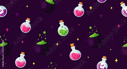 Seamless illustrated pattern of witch cauldrons and colorful magic potion bottles.