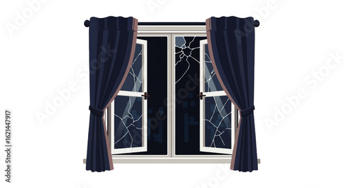 Broken window with dark blue curtains at night