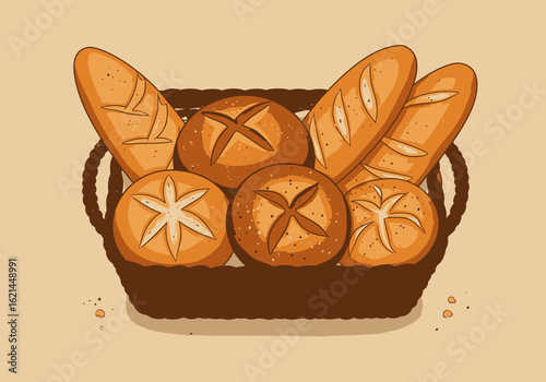 A basket overflowing with baguettes and rolls displaying baked goods on a beige backdrop