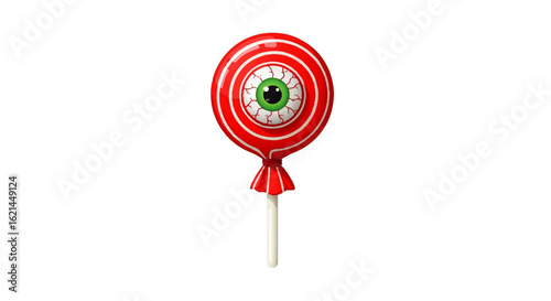 Spooky Halloween Eyeball Lollipop with Green Iris and Red Veins, Cartoon Style Candy Treat