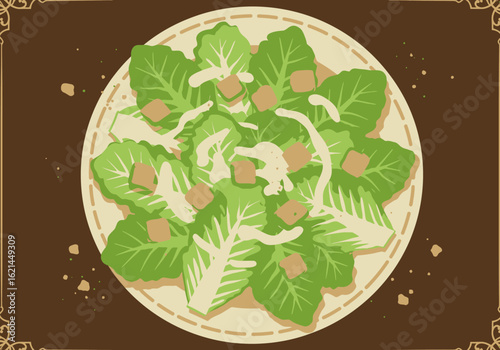 A Caesar salad with romaine lettuce croutons and dressing on a round plate