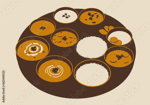 A brown thalistyle plate with small bowls containing rice curry and dairy items