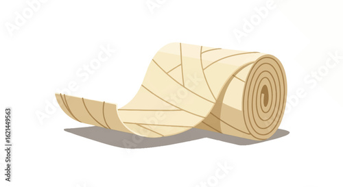 Beige medical bandage roll partially unrolled, flat cartoon style with textured lines