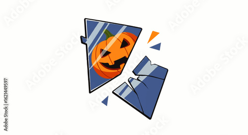 Spooky Jack-o'-lantern Reflection in Shattered Blue Glass Fragments