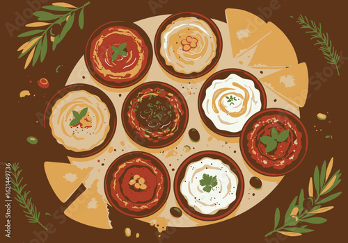 A culinary spread of hummus and dips is presented on a table with pita bread and garnish