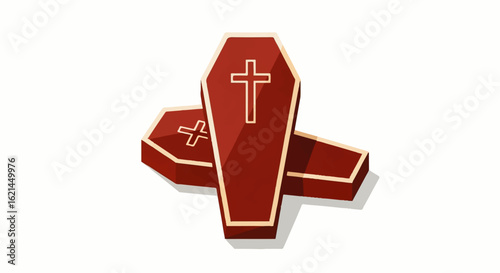 Two Brown Coffins with Crosses, Vector Illustration, Funeral Concept