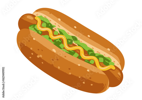 A hot dog in a bun with green relish and a zigzag of mustard on a white background