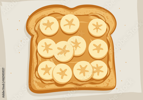 A piece of toast with peanut butter and banana slices