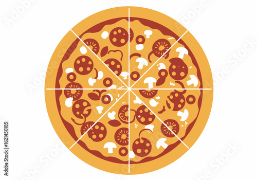 A pizza pie is sliced into 8 equal parts with pepperoni mushroom olives and tomato toppings
