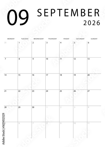 September 2026 calendar. Clean and simple monthly planner template. Portrait orientation. Monday start. Vector design.