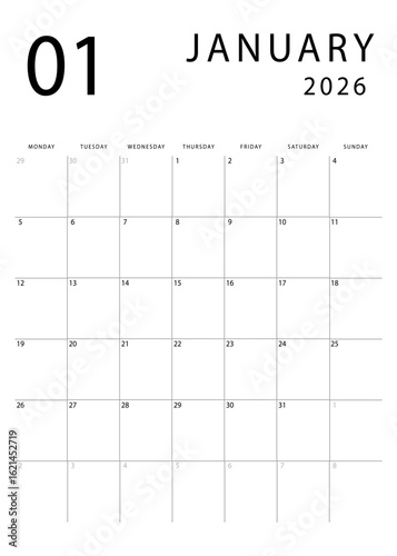 January 2026 calendar. Clean and simple monthly planner template. Portrait orientation. Monday start. Vector design.