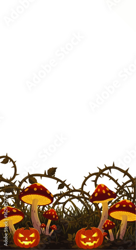 Halloween Scene with Jack-o'-Lanterns, Mushrooms, and Briar Patch