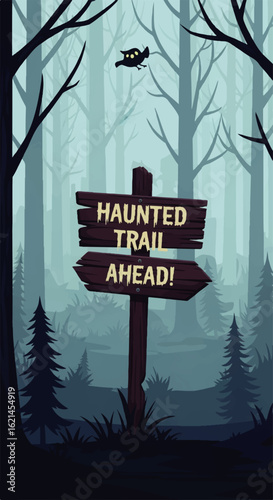 Spooky Wooden Haunted Trail Ahead Signpost with Flying Owl Illustration