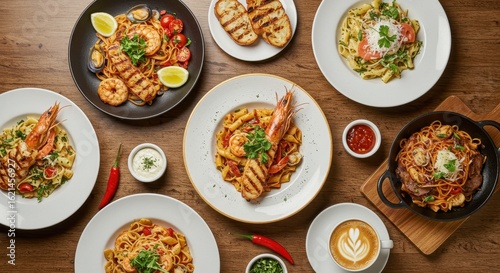 Wallpaper Mural A Luxurious Spread of Italian Seafood Pasta Dishes and Coffee on a Wooden Table Torontodigital.ca