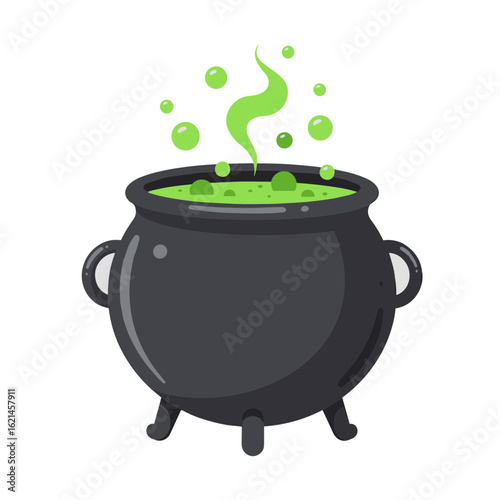 Black cauldron with bubbling green potion and smoke effects  