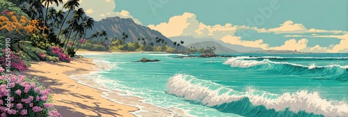 Hawaiian Beach Scene, Sunny Day, Mountain View, Peaceful Relaxation