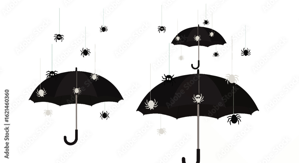 Obraz premium Black Umbrellas Sheltering Spiders in a Rainy Day
