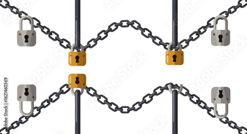 Interlocking Padlocks and Chains: Silver, Gold, and Grey Metal Security System