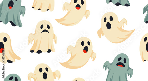 Cute cartoon ghosts pattern with sad and surprised expressions. Beige and blue spooky phantoms for Halloween.