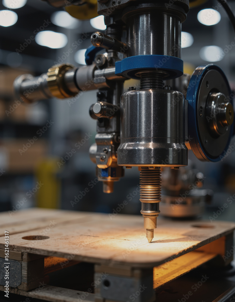 Fototapeta premium Automated pallet nailing machine using pneumatic fasteners in action