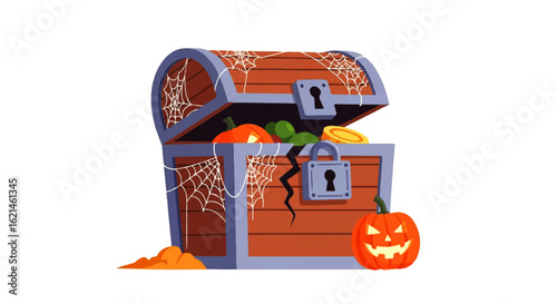 A spooky cartoon treasure chest with pumpkins, gold coins, and spiderwebs for Halloween.