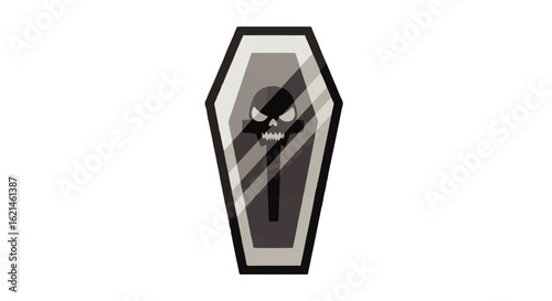 Glossy grayscale coffin with a menacing skull emblem and reflective surface.