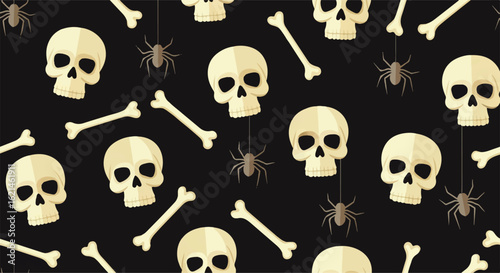 Spooky seamless pattern with stylized cartoon skulls, scattered bones, and hanging spiders.