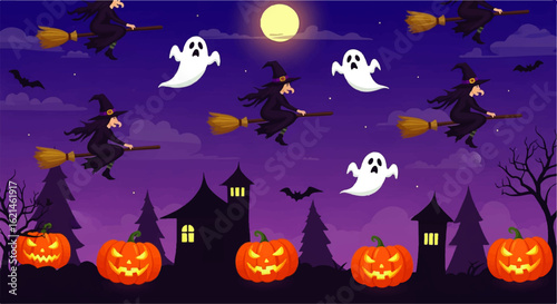 Halloween Witch Flying on a Broom, Dark Purple Night