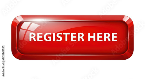 A glossy red register here button isolated on transparent background