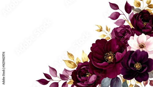 Burgundy and Gold Floral Corners. Abstract watercolor background frame