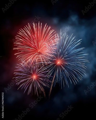 Dramatic Firework Display Red, Blue, And Purple Explosions In A Dark Sky For Celebration, A Stunning Visual Composition With Depth And Intense Light Show