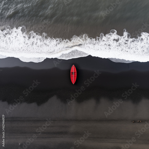 Red Boat on Black Sand Beach with Ocean Waves – Aerial Minimalist Seascape from Iceland