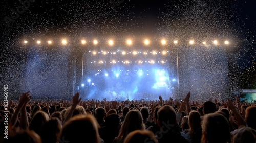 Night Concert Celebration Capturing The Live Atmosphere And Shared Experience Of A Vibrant Crowd At A Stage Performance, Amidst Falling Confetti