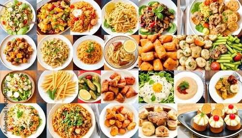 Wallpaper Mural A vibrant collage showcasing a diverse array of delicious, prepared food dishes, each presented on individual plates. Torontodigital.ca