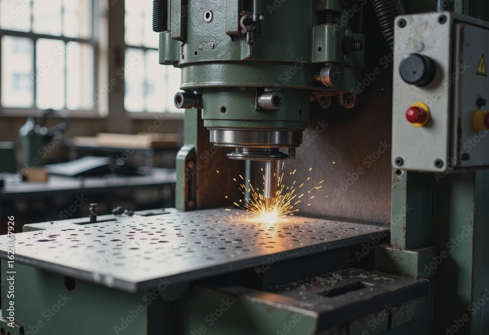 Fototapeta premium Turret punch press creating multiple holes in metal sheet with sparks