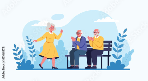 Joyful Senior Woman Dancing in the Park with Cheerful Male Companions