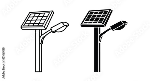 Solar Street Light Icon: Outline and Solid Versions