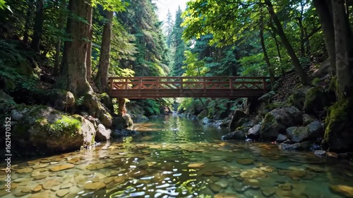 there is a bridge over a stream in a forest