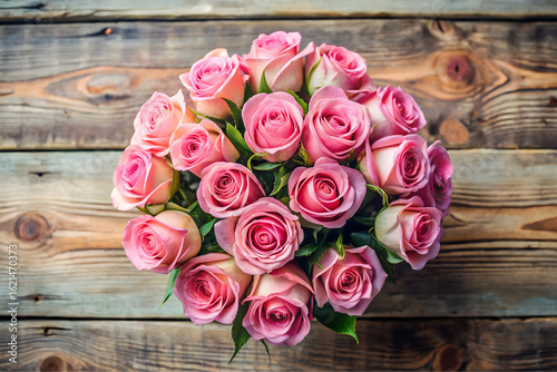 Top view of bunch of fresh pink roses placed on shabby wooden table in light room