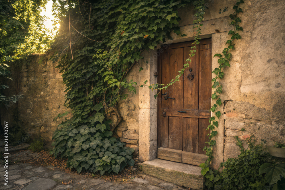 Fototapeta premium Old Rustic Wooden Door Covered with Green Ivy Vines on Textured Stone Wall in Soft Daylight