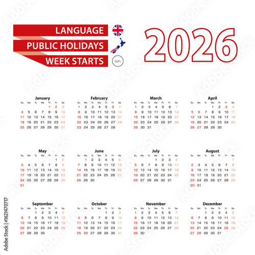 Calendar 2026 in English language with public holidays the country of New Zealand in year 2026.